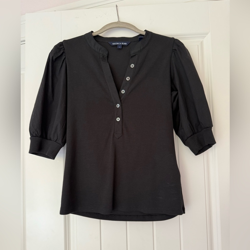Veronica Beard Coralee Black Puff Sleeve Blouse